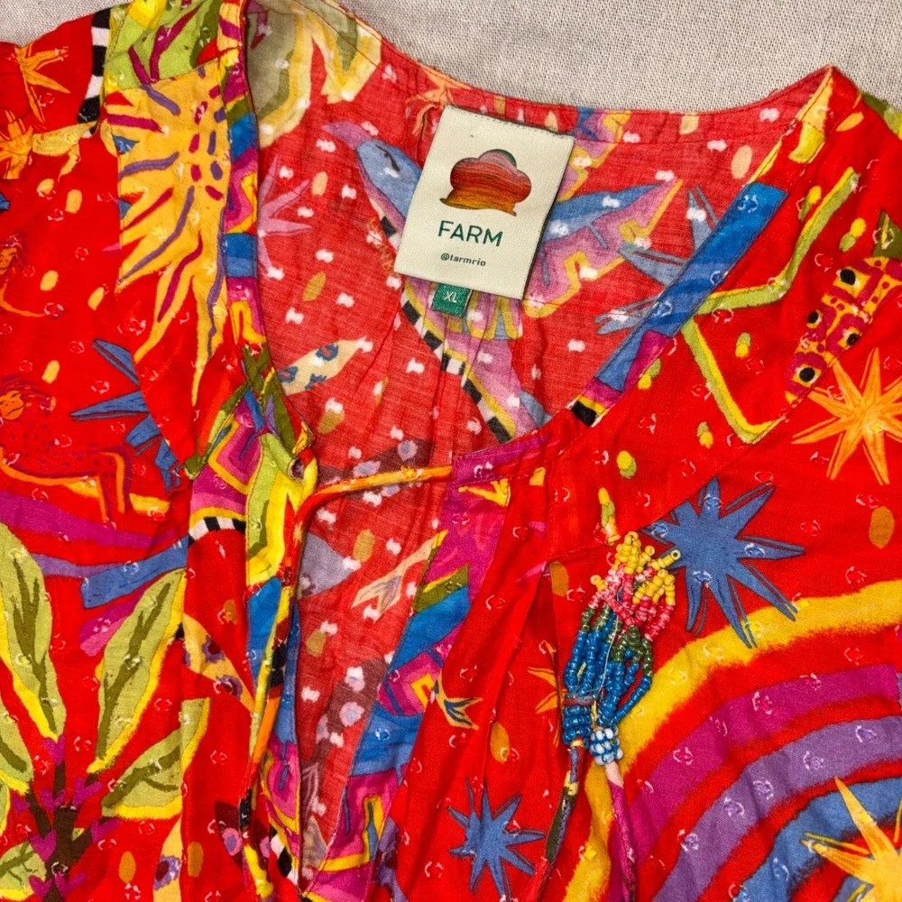 Farm Rio Red Toucan Pineapple Print Cotton Mini Dress XL Beaded Tassels Bright